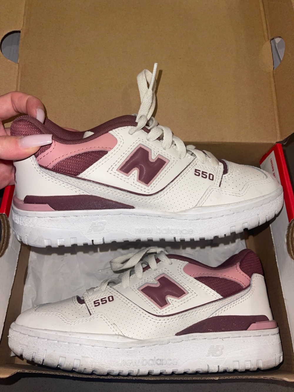 New Balance 550 Sneakers in White, Mauve & Pink